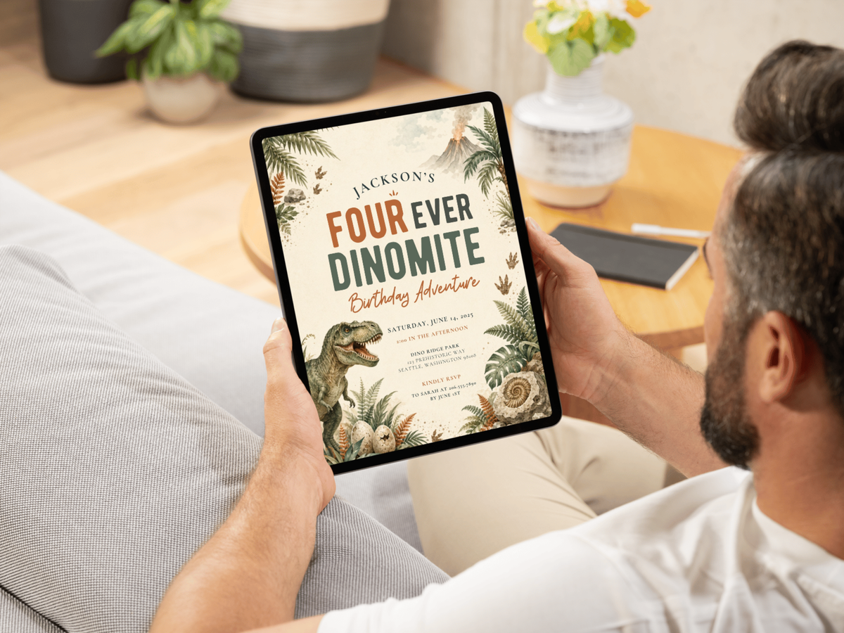 Editable prehistoric birthday invitation featuring dinosaur artwork, fern foliage, fossil and egg accents, rocky details, and playful earthy adventure typography.