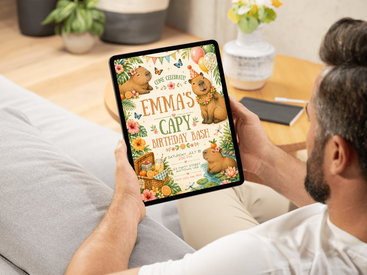 Editable digital capybara birthday invitation with tropical flowers, capybaras, balloons, butterflies, fruit and cheerful party artwork