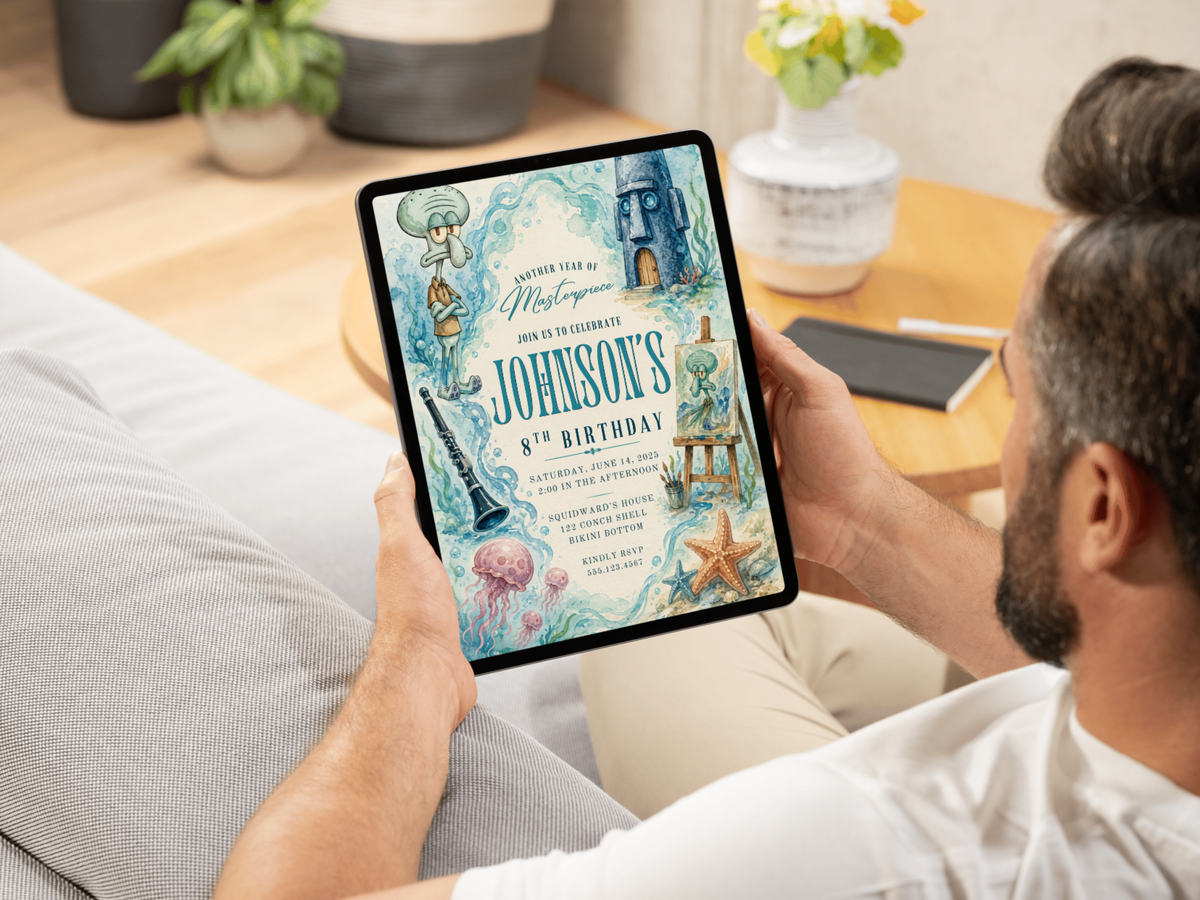 SpongeBob kids birthday invitation design showing ocean-inspired watercolor textures, starfish, shells and Squidward