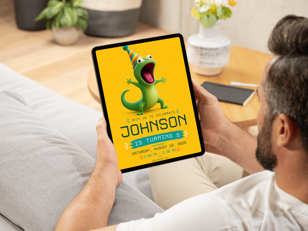 Colorful Tom Lizard birthday invitation from Hoppers with playful character art, celebration accents, and an editable digital format.