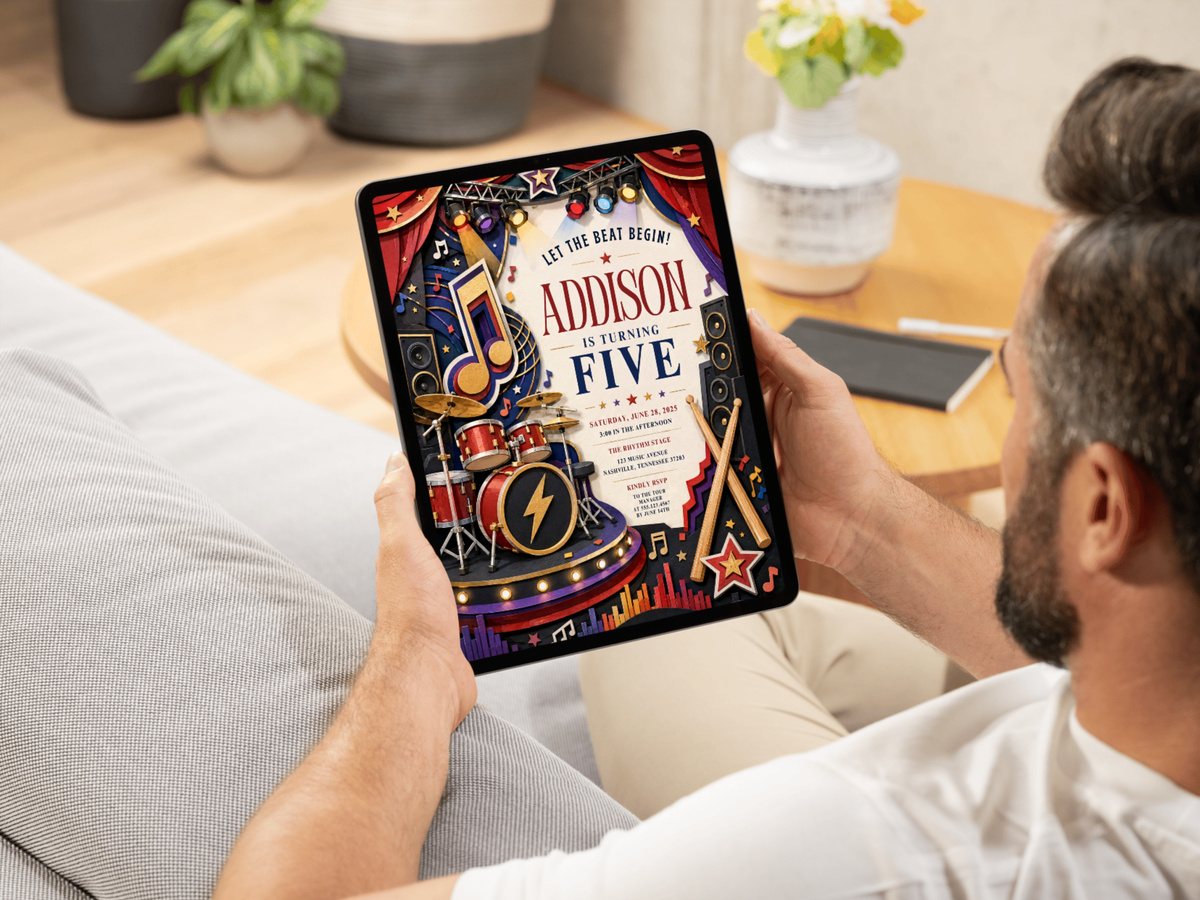 Rock star birthday invitation artwork in a portrait layout with concert-stage graphics, musical instruments, stars, red curtains and navy and cream colors.