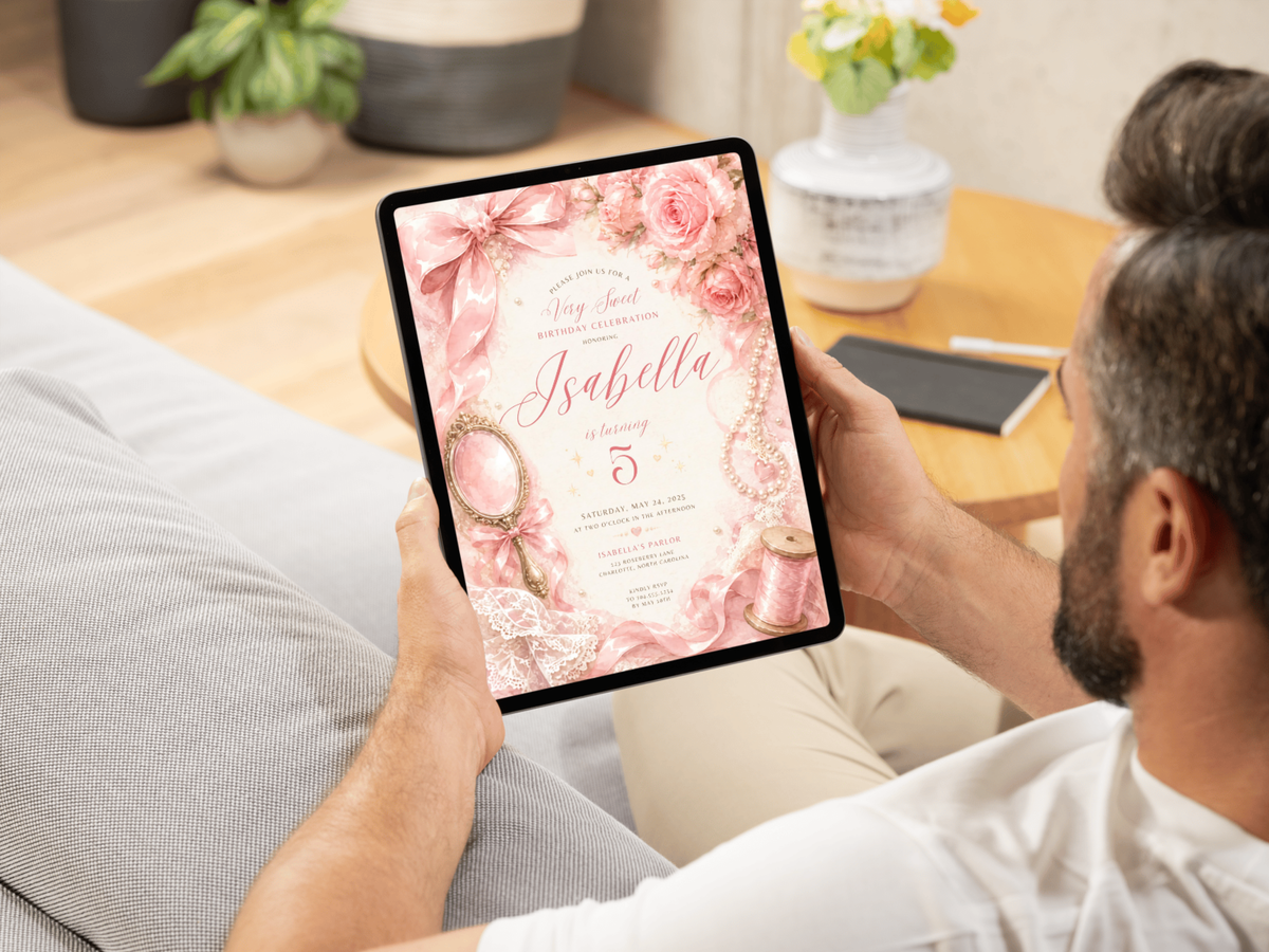 Vintage sewing birthday invitation template artwork with soft pink florals, ribbons, pearls, lace, thread and elegant feminine-inspired styling.