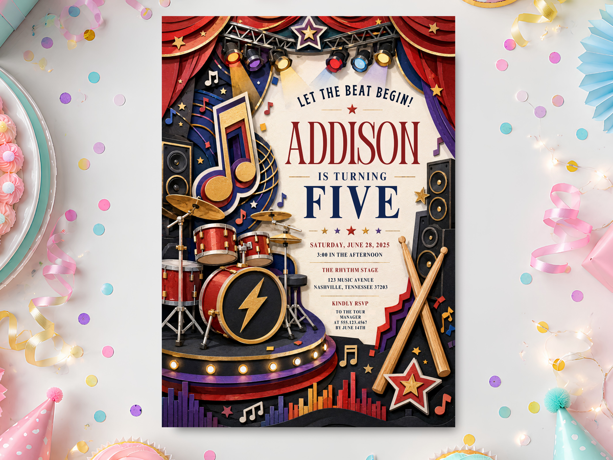 Rock star music birthday invitation template shown in a festive party setting with a concert stage design, drums, guitar, speakers, stars and colorful lights.