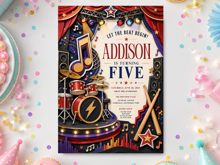 Rock star music birthday invitation template shown in a festive party setting with a concert stage design, drums, guitar, speakers, stars and colorful lights.