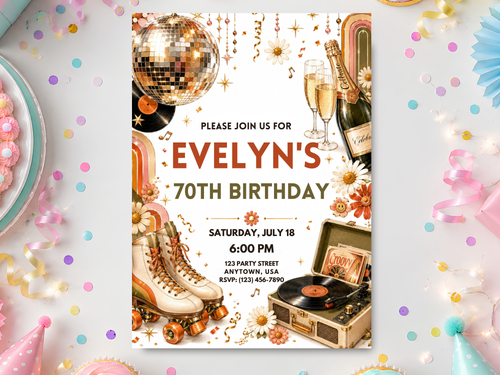 Disco Roller birthday invitation template featuring a sparkling disco ball, roller skates, vinyl record player, champagne, flowers and musical notes in a cream, gold, pink and brown retro palette.