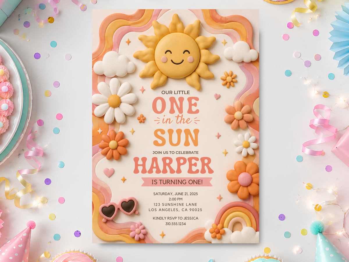 Sunshine birthday invitation template featuring a smiling golden sun, pastel rainbow, flowers, clouds and playful birthday typography