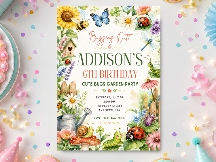 Watercolor garden bugs birthday invitation template with butterflies, bees, ladybugs, sunflowers and flowers surrounding a customizable party layout.