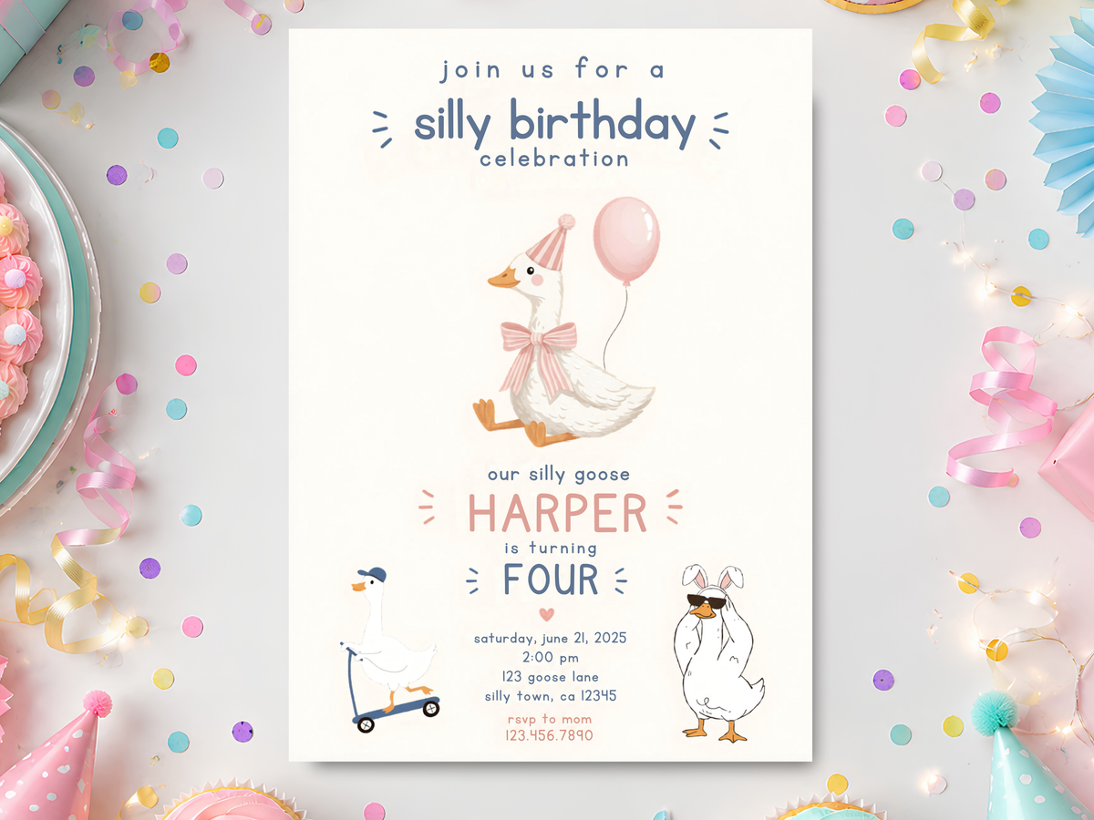 Silly goose birthday invitation template product image showing the full 5 x 7 portrait invitation with a white watercolor goose, pastel blue and pink accents, and playful party details.