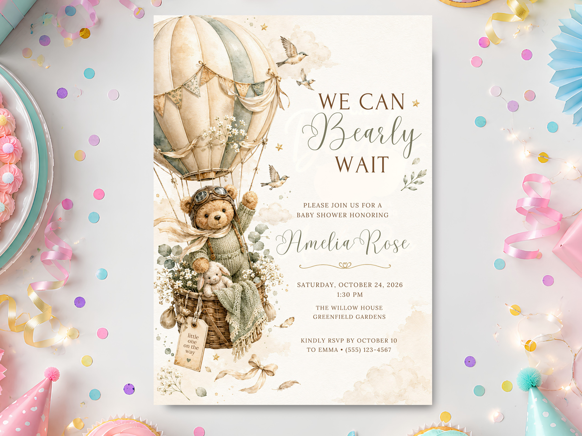 Teddy bear baby shower invitation template with watercolor hot air balloon, teddy bear, florals and soft neutral pastel details