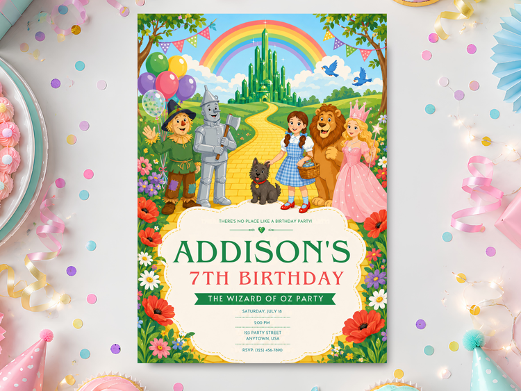 Wizard of Oz birthday invitation template featuring Dorothy, Scarecrow, Tin Man, Cowardly Lion, Toto, Emerald City, rainbow and yellow brick road