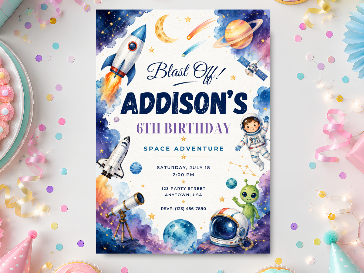 Space rocket birthday invitation template in colorful watercolor style with rockets, planets, stars, astronaut, telescope, crescent moon, and friendly green alien