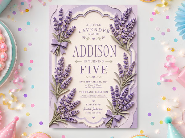 Lavender floral birthday invitation template shown in product image 13, with purple lavender sprigs, leafy botanical accents, decorative bows, and a refined portrait invitation composition.