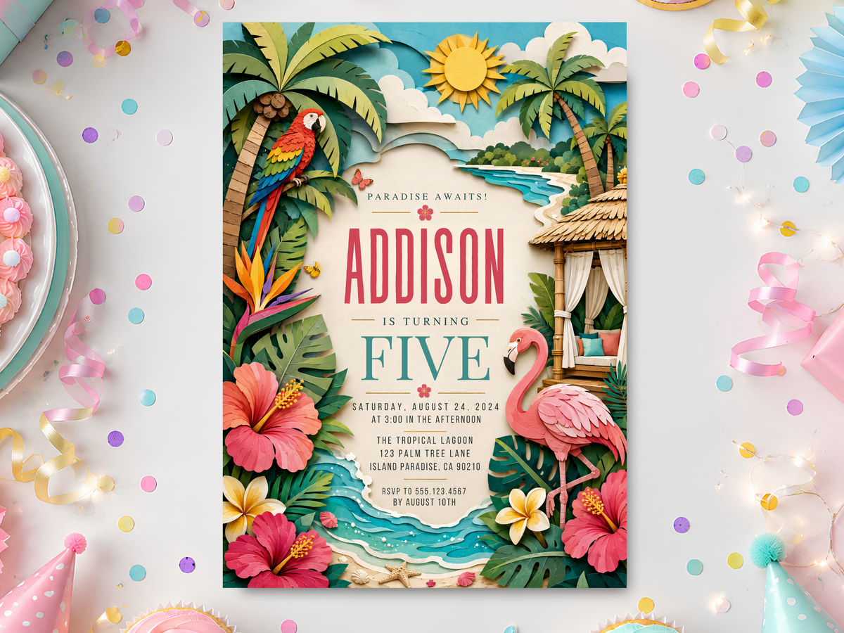 Tropical flamingo birthday invitation template product preview with pink flamingo, colorful parrot, palm trees, hibiscus flowers and turquoise lagoon