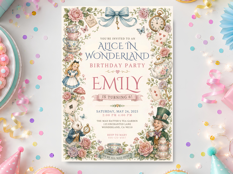 Alice in Wonderland birthday invitation template with Alice, White Rabbit, roses, teacups, playing cards, pocket watch, blue bow and pastel storybook details
