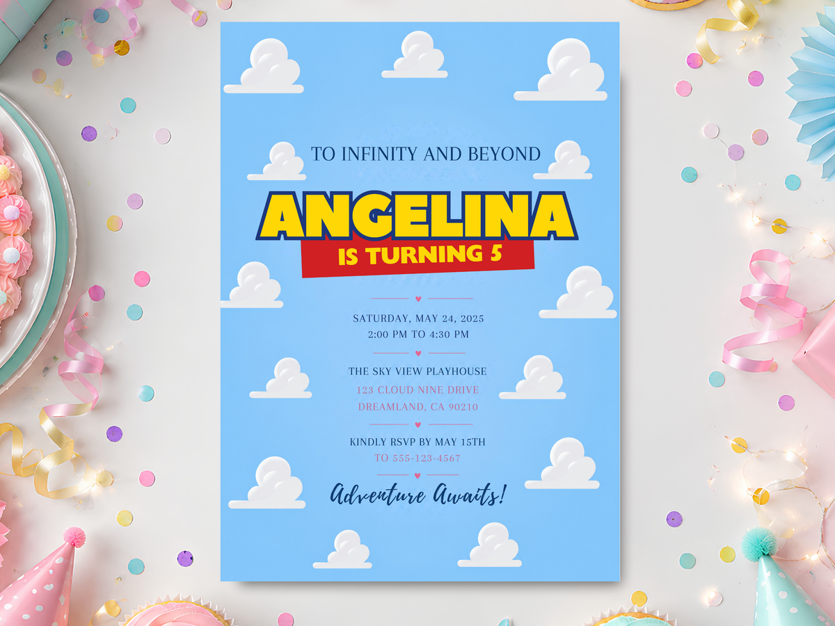 Space adventure birthday invitation template in sky blue with white clouds, bold yellow and blue lettering and a red age banner.