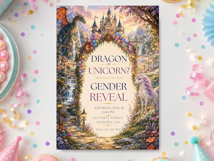 Dragon or unicorn gender reveal invitation with fantasy castle, colorful balloon arch, flying dragon, lavender unicorn, flowers and storybook garden — primary product artwork.