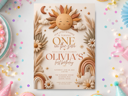 Boho rainbow birthday invitation hero image with smiling sunshine, rainbow arches, daisies, botanical stems and warm terracotta, cream and beige details.