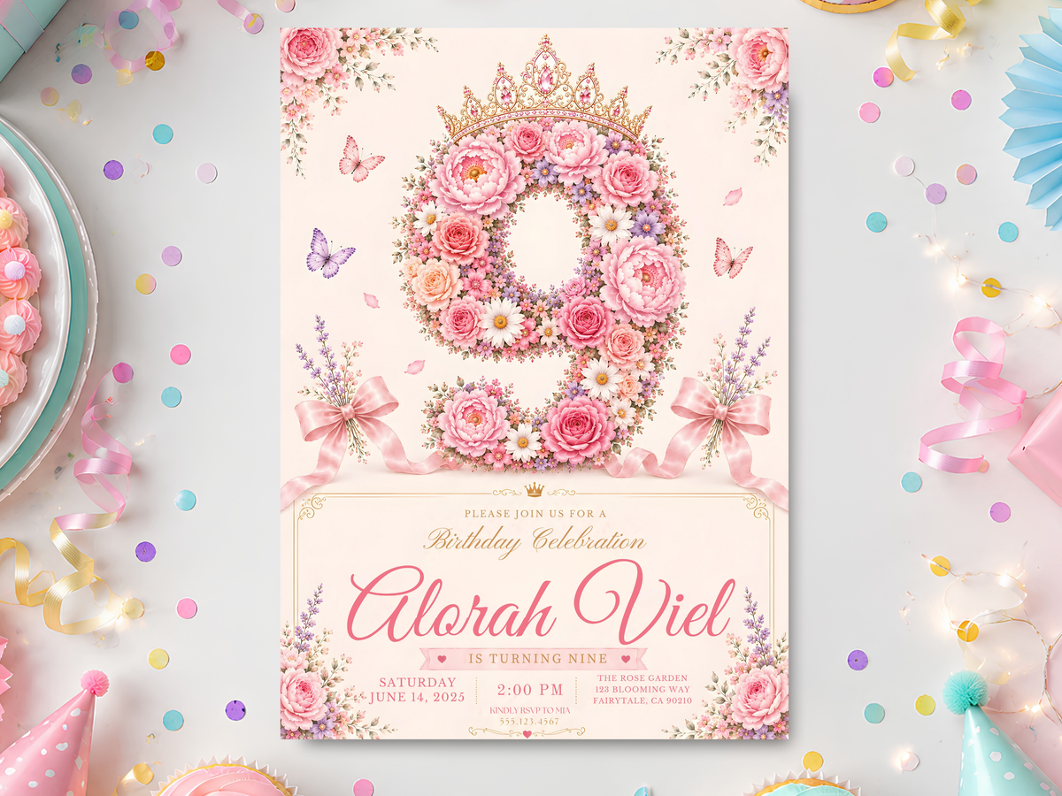 Floral birthday invitation template in a pink party flat lay with roses, butterflies, jeweled crown, satin bows, and ornate number nine