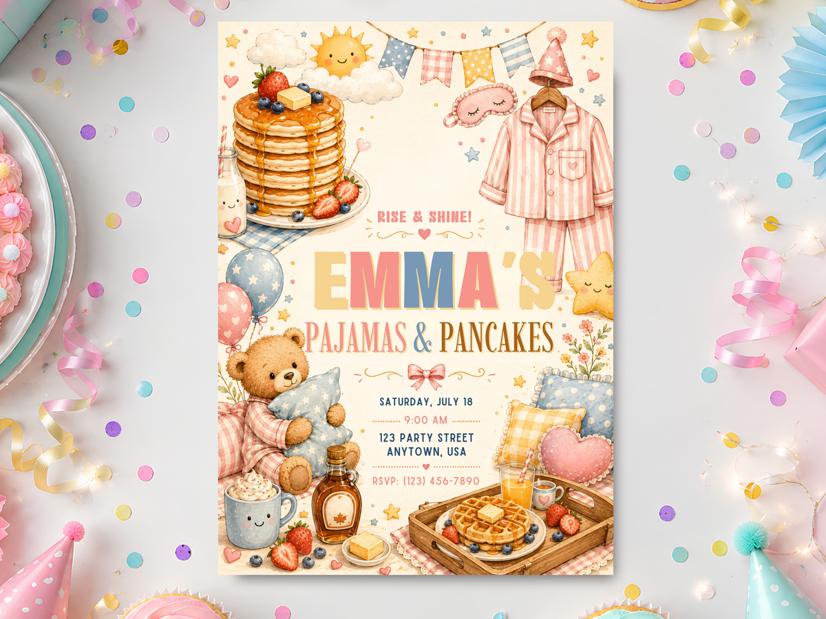 Pajamas & Pancakes birthday invitation template with watercolor pancakes, waffles, berries, teddy bear, pajamas, stars and balloons in a warm cream portrait design.