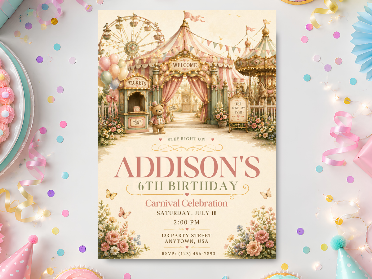 Vintage watercolor carnival birthday invitation with a pastel fairground entrance, carousel, Ferris wheel, teddy bear, florals, butterflies, bunting, and soft pink and gold accents