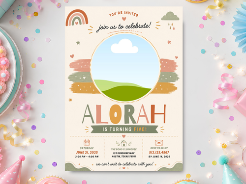 Boho rainbow birthday invitation template with pastel rainbow, cloud, raindrops, stars, rolling hills and playful typography.
