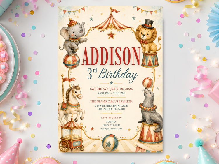 Circus animal birthday invitation template in vintage watercolor style with elephant, lion, horse and carousel details