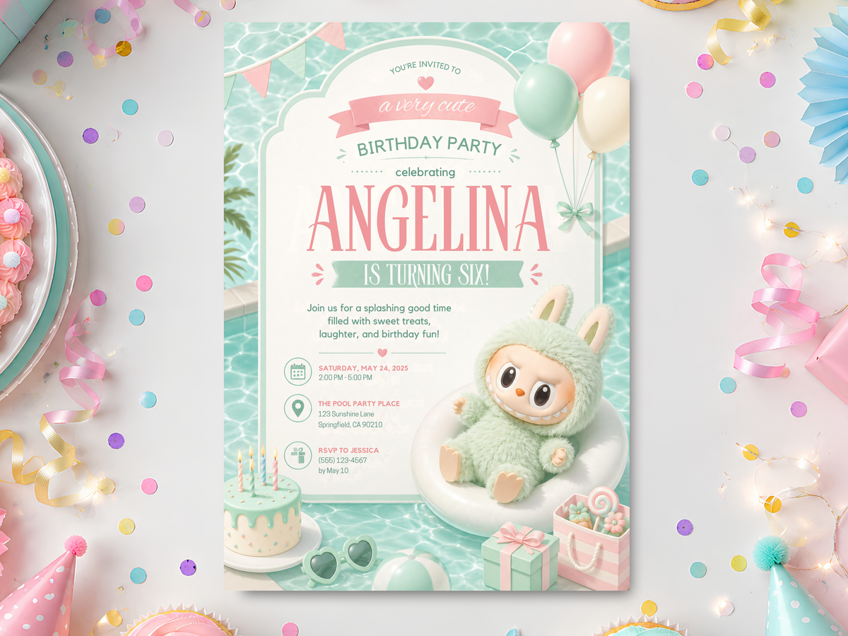 Mint green monster birthday invitation template in a full portrait party mockup with pastel balloons, gifts, cake and confetti.