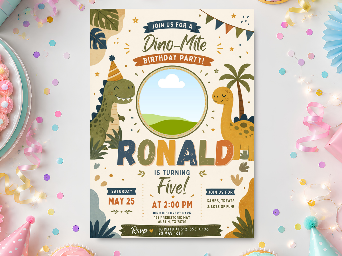 Dinosaur birthday invitation template in a party scene mockup with a green T-Rex, yellow long-neck dinosaur, tropical leaves, cream background, confetti and bunting