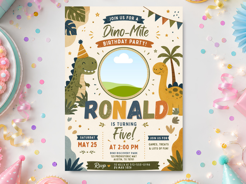 Dinosaur birthday invitation template in a party scene mockup with a green T-Rex, yellow long-neck dinosaur, tropical leaves, cream background, confetti and bunting