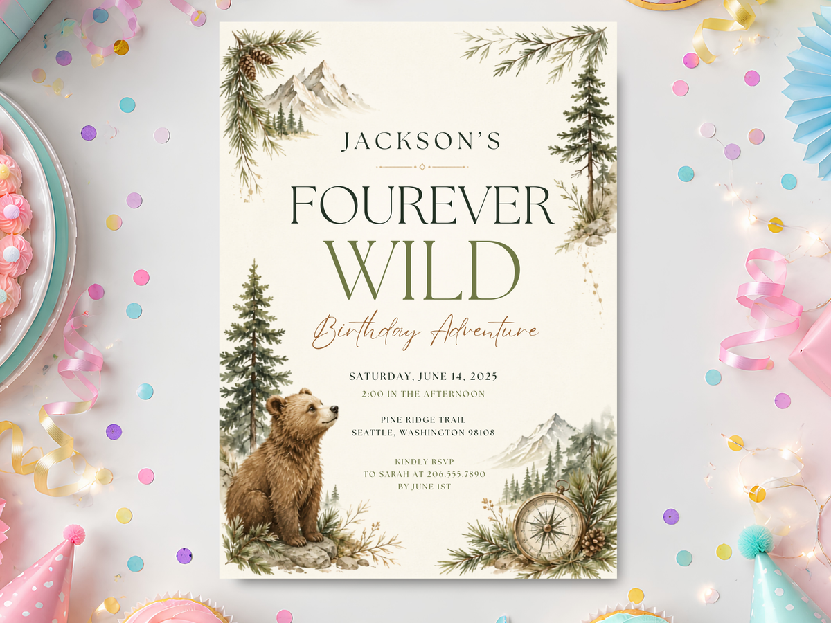 Fourever Wild woodland bear birthday invitation with evergreen trees, compass and rustic watercolor forest details