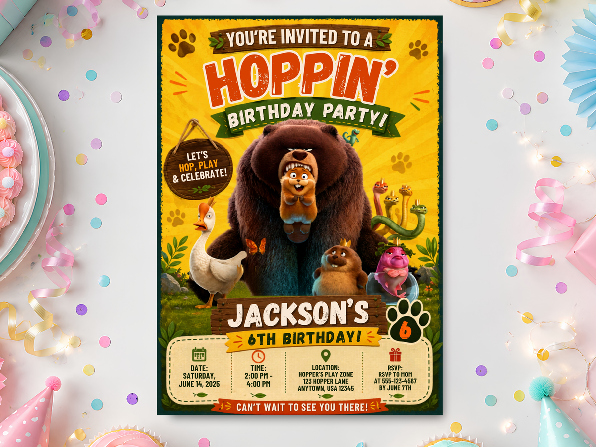 Hoppers movie birthday invitation template featuring colorful animal characters, bold party lettering, and a bright yellow and green illustrated scene.
