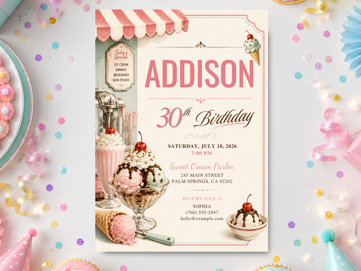 Ice cream birthday invitation template with pastel pink and mint sundae details, cherries, sprinkles, and a retro striped awning.