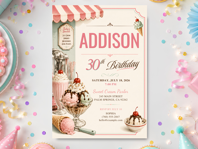 Ice cream birthday invitation template with pastel pink and mint sundae details, cherries, sprinkles, and a retro striped awning.