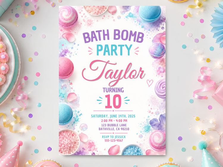 Bath bomb birthday invitation template with pastel pink, blue, purple and white bath bombs, playful typography, confetti and a vertical digital invitation preview.