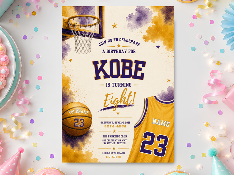 Basketball birthday invitation template product preview with purple and gold watercolor accents, basketball hoop, basketball, jersey with number 23, stars, and bold athletic typography.
