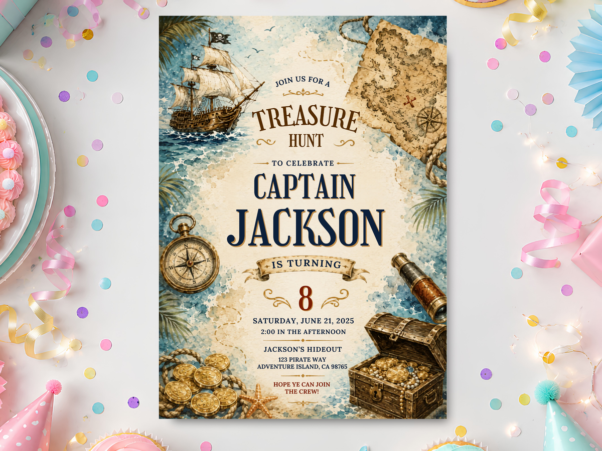 Pirate treasure hunt birthday invitation template with vintage nautical map, sailing ship, compass, treasure chest, gold coins, and parchment artwork.