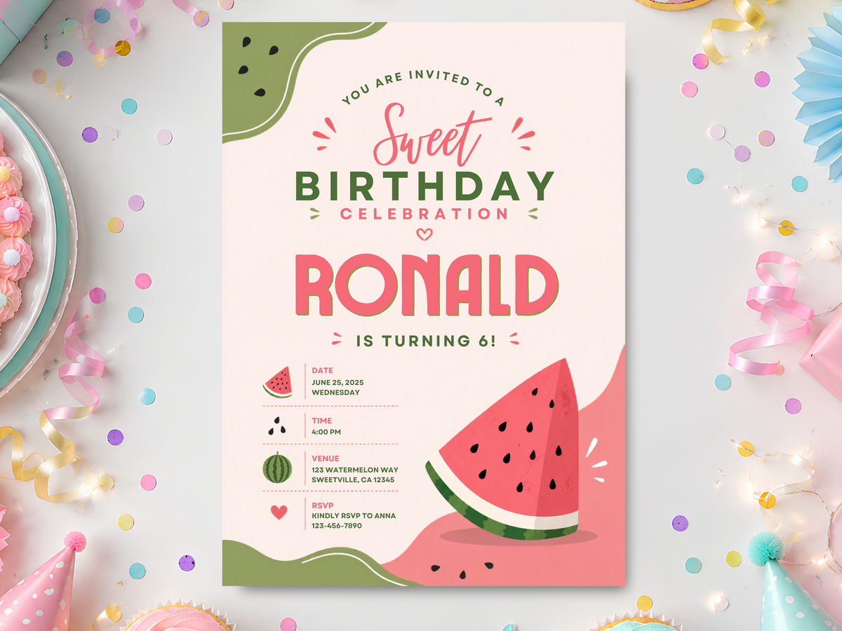 Watermelon birthday invitation template in a colorful party setting with a cream card, green leaf accents, pink-red watermelon slices, confetti, ribbons, party hats, cupcakes, and cheerful birthday typography.
