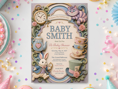 Alice in Wonderland baby shower invitation template product preview with pastel blue, dusty pink, sage green and cream storybook artwork.