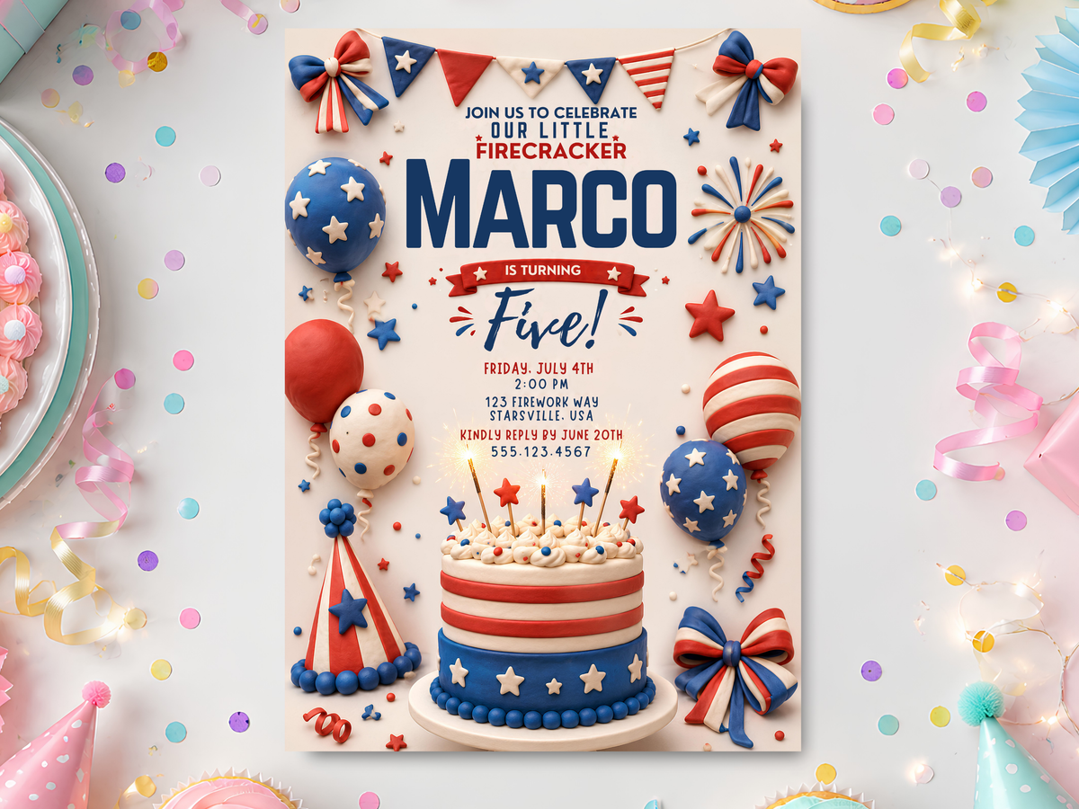 Fourth of July birthday invitation template with navy, red and white typography, stars, firecrackers, balloons, patriotic bunting, party hats and a decorated birthday cake.