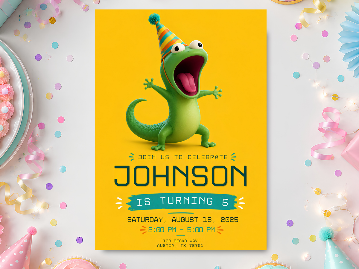 Hoppers Tom Lizard birthday invitation template featuring a green lizard in a striped party hat on a bright yellow background.