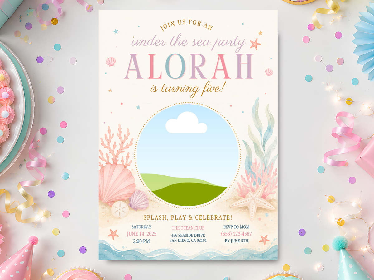 Under the Sea birthday invitation template shown in a pastel party setting with seashells, coral, starfish and soft ocean colors.