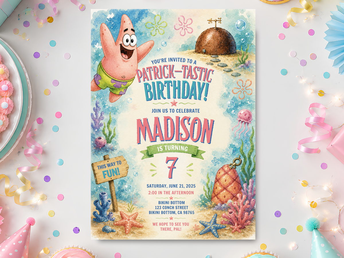 SpongeBob Patrick Star birthday invitation template in a colorful underwater scene with Patrick Star, pineapple house, coral, sea plants, bubbles, starfish, and jellyfish.