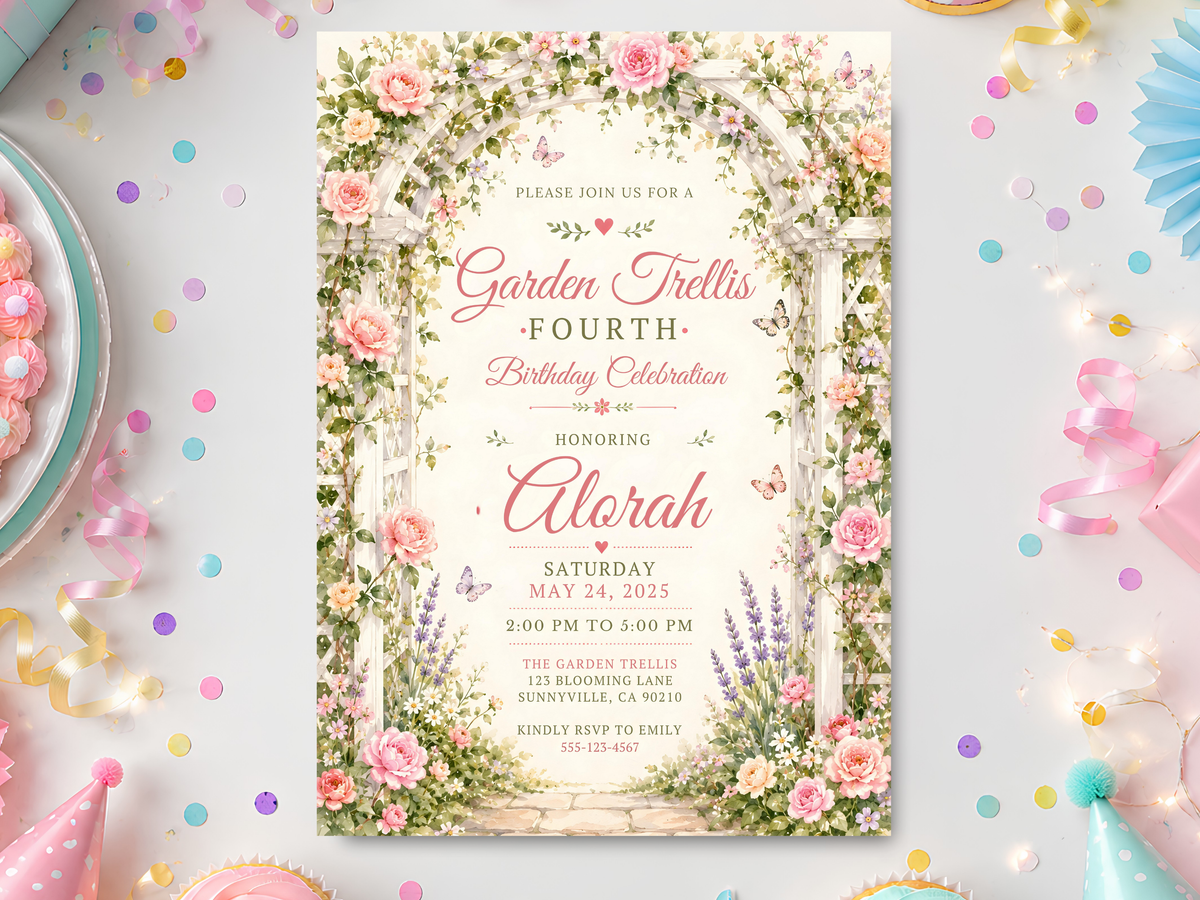 Garden Trellis birthday invitation template with pink roses, greenery, lavender and delicate butterflies framed by a floral trellis arch