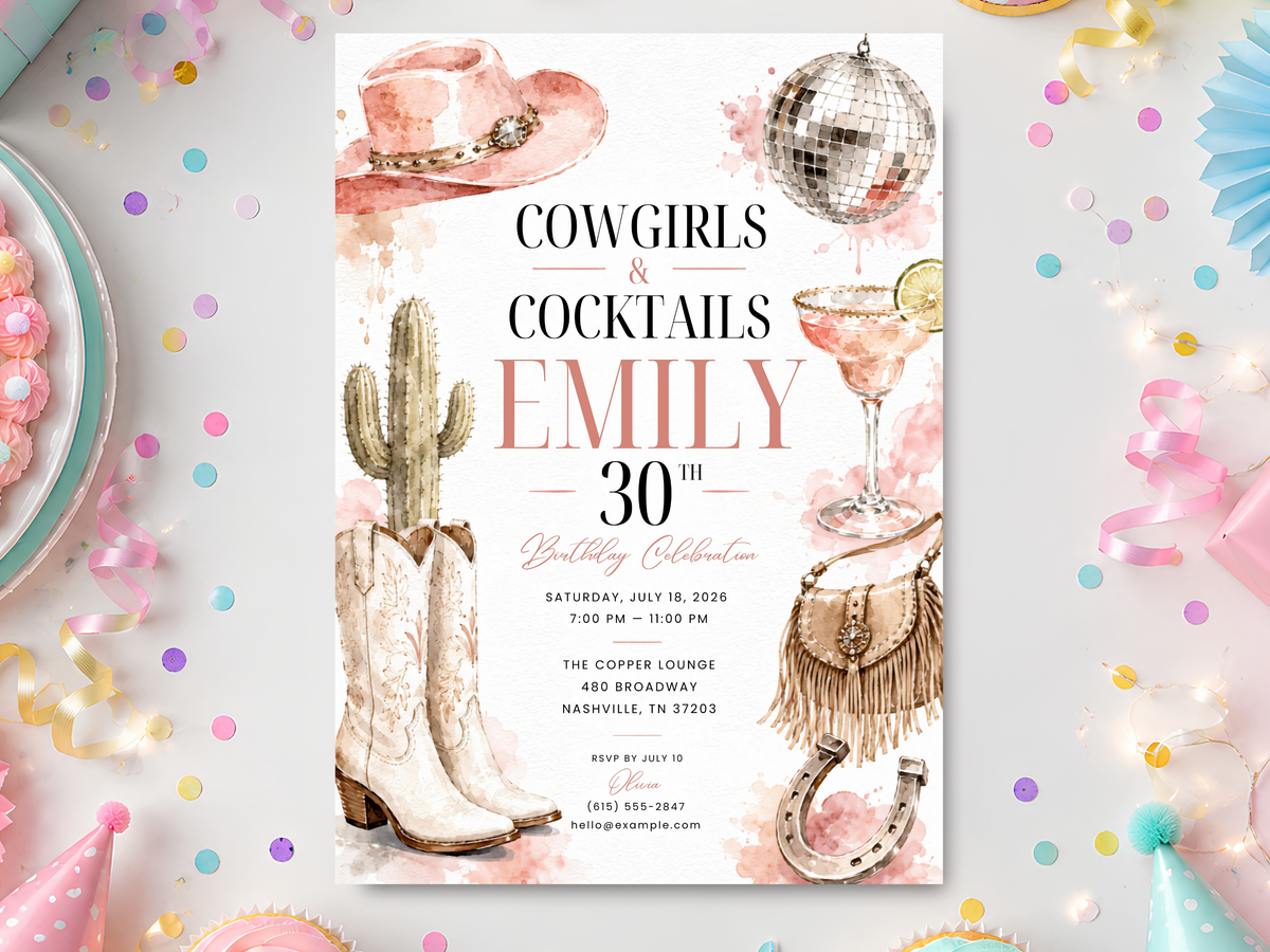 Cowgirl cocktails birthday invitation template with white cowboy boots, cactus, cocktail glasses, disco ball, horseshoe and soft watercolor western artwork.