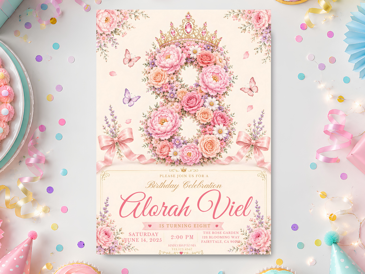 Floral butterfly birthday invitation template with pink roses, pastel flowers, delicate butterflies, ribbon bows, jeweled crown detail, and elegant garden-inspired typography.