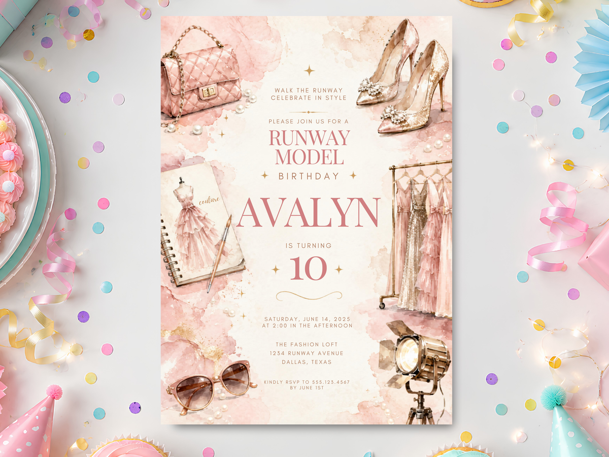 Runway fashion birthday invitation template in blush pink watercolor style with dresses, high heels, handbag, sunglasses, watch and studio spotlight