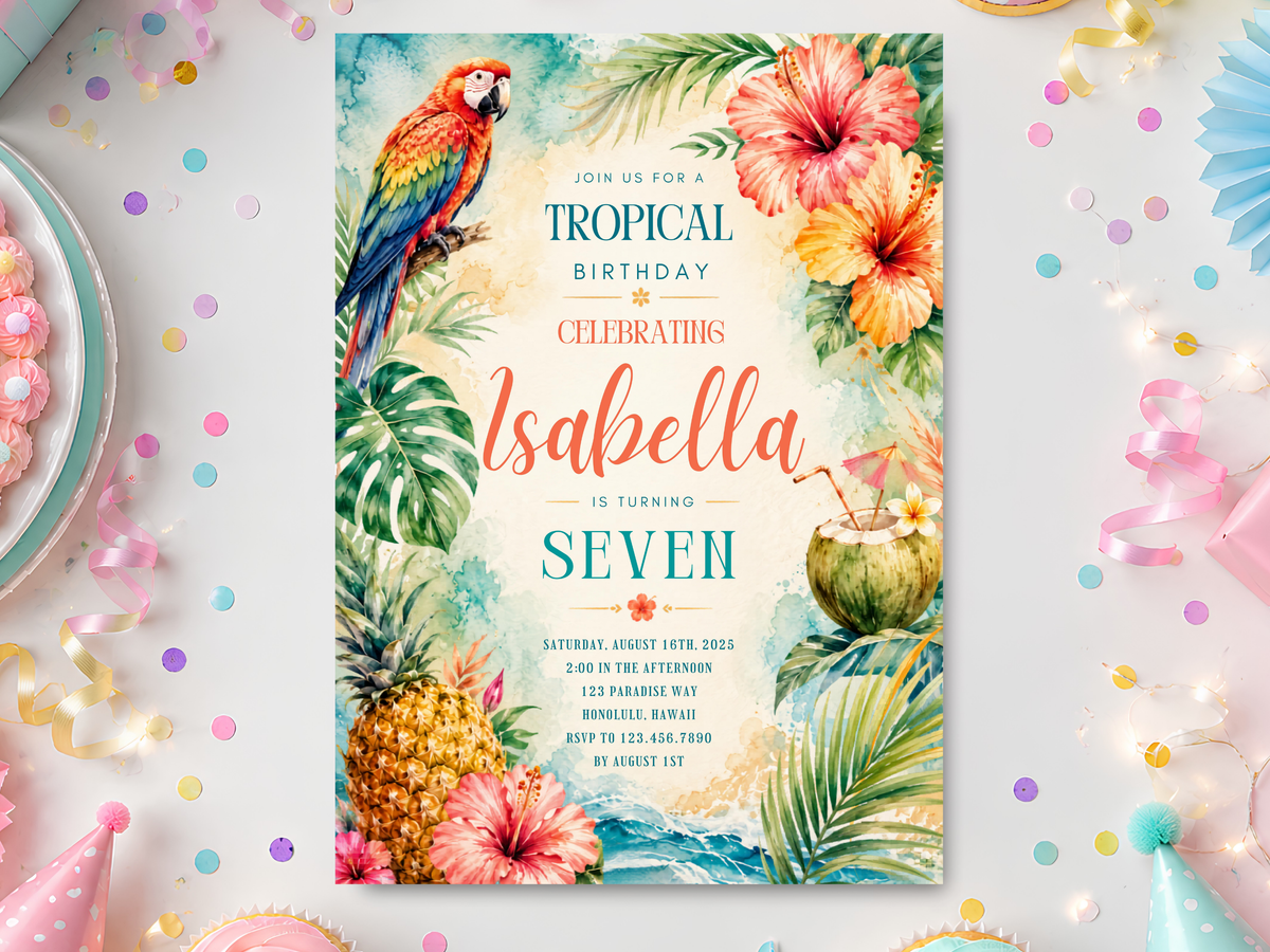 Tropical watercolor birthday invitation mockup with a colorful parrot, hibiscus flowers, pineapple, coconut and lush palm leaves in an aqua, coral and leafy green palette.