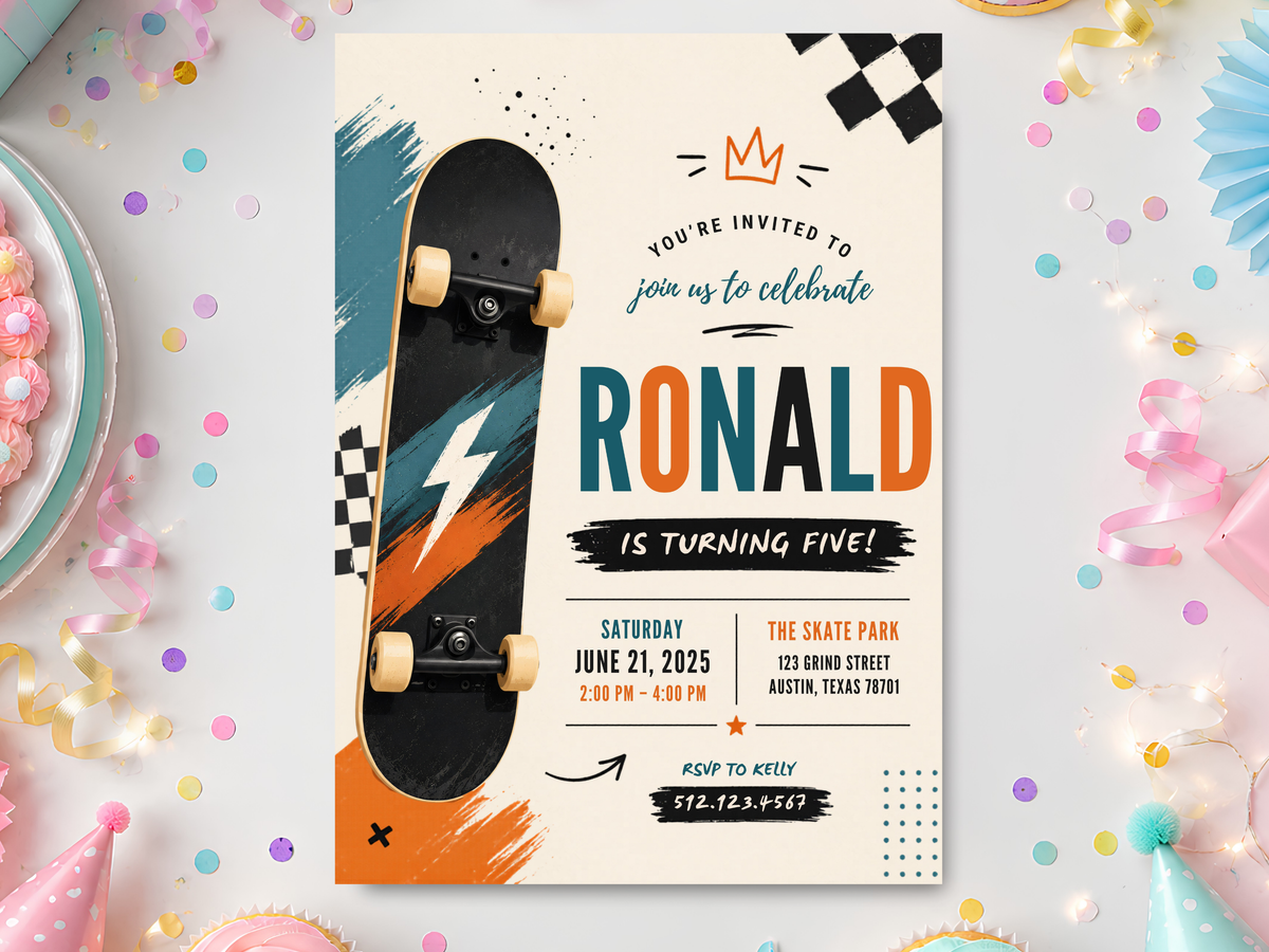 Skateboard birthday invitation template with a black skateboard, teal and orange lightning graphics, checkered accents, and bold sporty typography.