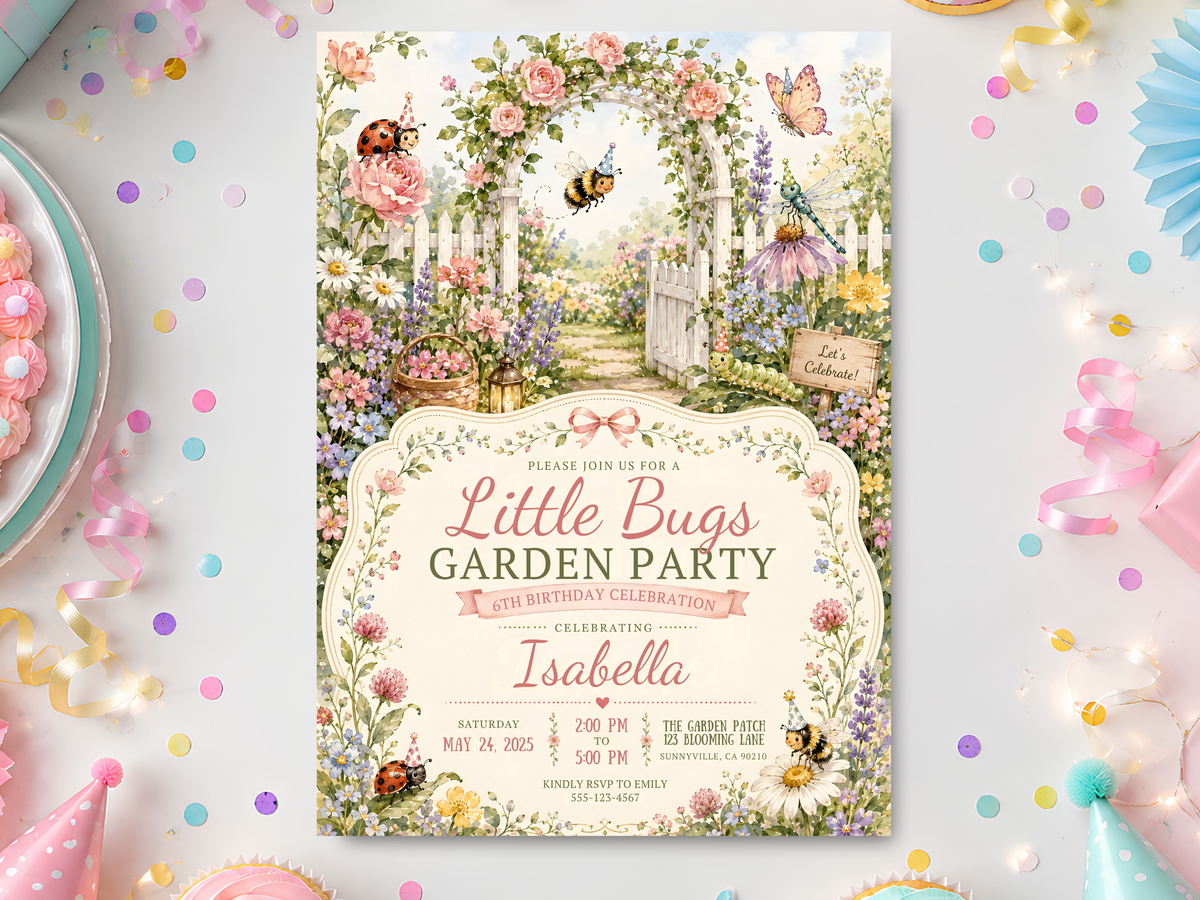 Little Bugs Garden Party watercolor birthday invitation with bees, ladybug, butterfly, roses, daisies, and a floral garden gate