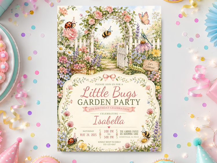 Little Bugs Garden Party watercolor birthday invitation with bees, ladybug, butterfly, roses, daisies, and a floral garden gate